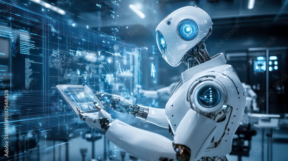 Poster a futuristic ai-powered research station, where robots assist researchers by analyzing data and cond
