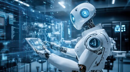 A futuristic AI-powered research station, where robots assist researchers by analyzing data and conducting complex calculations in real time