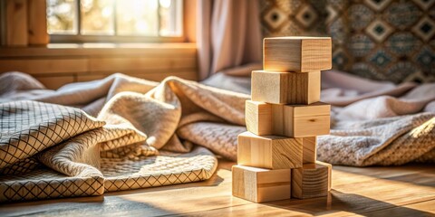 A Tower of Wooden Blocks in a Cozy Room with Sunlight Filtering Through a Window