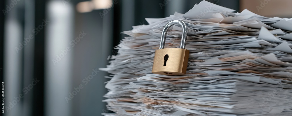 Poster a close-up of a padlock securing a stack of documents, symbolizing data protection and confidentiali