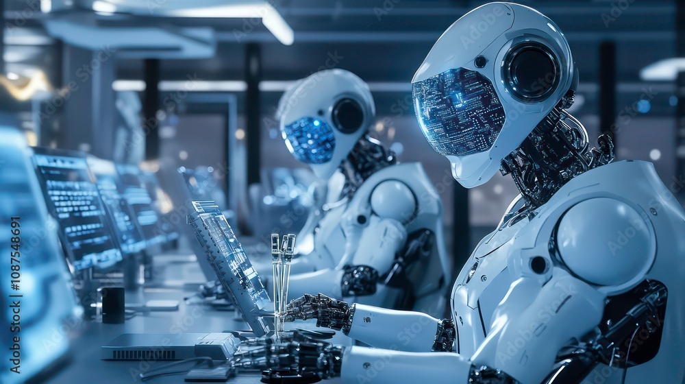 Poster two humanoid robots with glowing blue eyes work at a computer in a futuristic lab.