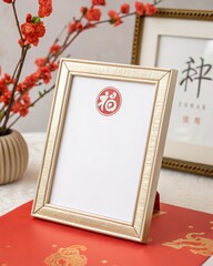 Elegant Gold Frame with Chinese Fu Symbol on Red Festive Background, Cherry Blossom Decoration, Perfect for Lunar New Year, Cultural Celebrations, Traditional Decor, and Prosperity-Themed Designs