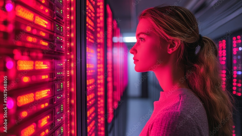 Poster a woman analyzing data at a control panel with illuminated displays in a tech environment