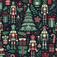 Obraz premium vintage boho illustration of cute nutcracker soldier , near christmas tree and gift boxes