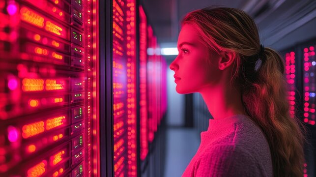 A woman analyzing data at a control panel with illuminated displays in a tech environment