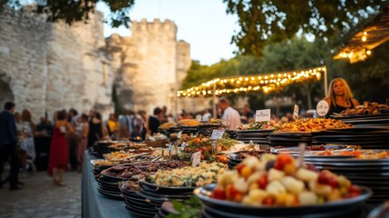 A vibrant outdoor market with an array of delicious food and a bustling crowd.