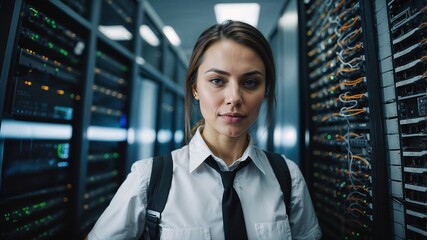 Young female engineer working between servers in data center.