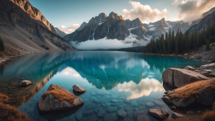Beautiful mountain lake reflects surrounding peaks and trees during sunset with clouds hovering over the water in a serene landscape
