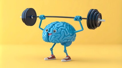Playful Blue Brain Figure Engaged in Weightlifting, Highlighting the Importance of Nurturing Both Mental and Physical Health