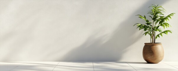 A serene indoor setting featuring a potted plant against a minimalist wall, emphasizing simplicity and natural beauty.