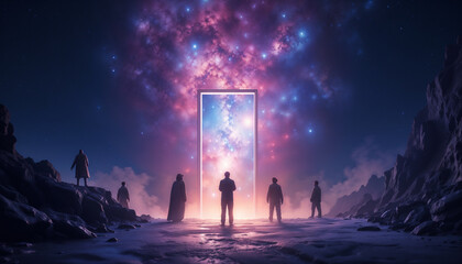 People standing near glowing portal under vibrant cosmic sky. 