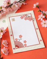 Elegant Japanese-themed blank frame featuring cherry blossoms, a red fan design, and geometric patterns on a vibrant red background.
