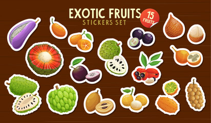 Exotic fruits stickers pack vector tropical berry food. Fresh cherimoya, kumquat, star apple and kiwano, granadilla and soursop fruits on wood boards background. Cartoon exotic berries stickers pack