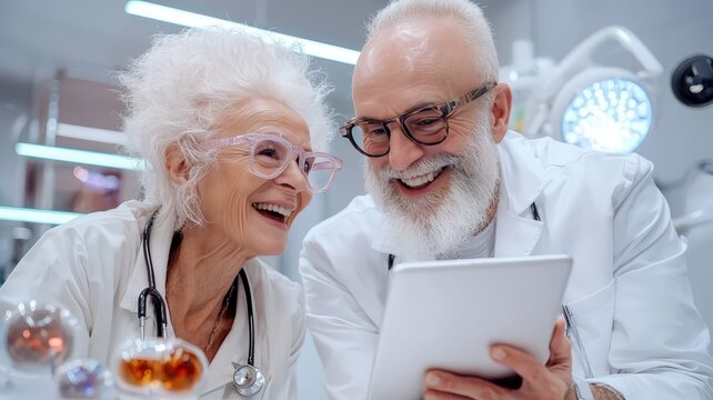 A joyful elderly couple in lab coats shares a moment of laughter while reviewing data on a tablet in a modern scientific lab.