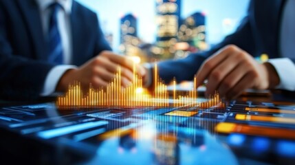 Two business professionals analyze data with a digital graph overlay, showcasing analytics against a city skyline backdrop.