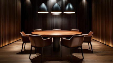 Elegant conference room featuring a round wooden table and stylish chairs under modern pendant lights.