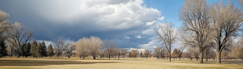 Obraz premium A panoramic view of a park with trees under a cloudy sky.