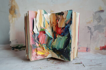 Open Journal with Thick Abstract Oil Paint Textures on Artistic Background