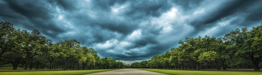 A dramatic landscape featuring a wide pathway flanked by lush trees under a stormy sky.