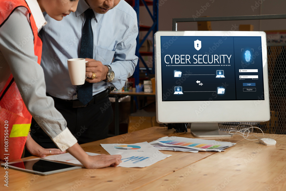 Poster cyber security system on computer screen protect private information snugly from hacker and cyber at