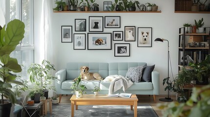 A modern bedroom with a wooden wall, a gray bed, and yellow pillows, featuring a minimalistic interior design. Navy blue curtains adorn the space, and a painting adorns the wood-paneled wall, showcasi