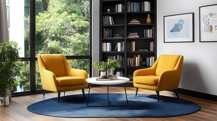 high-quality, detailed photograph of two yellow armchairs with black legs and white metal feet on the circular blue carpet in front of an open bookcase against a wall with framed pictures. 