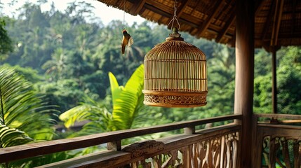 Traditional bamboo bird cage hanging on the terrace of a Javanese wooden hou 