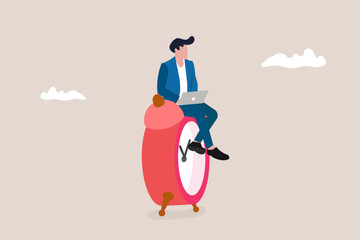 Businessman sitting on clocks, organizing time, planning tasks and scheduling. Concept of effective self organization and management control