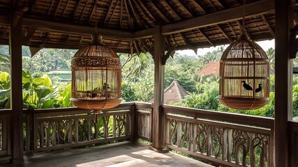 Fototapeta premium Traditional bamboo bird cage hanging on the terrace of a Javanese wooden hou 