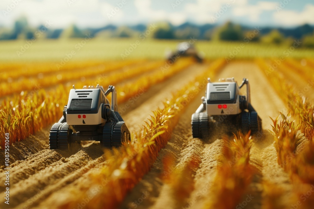 Aufkleber Autonomous farming robots are actively working to plant crops in a lush green field under a clear blue sky. Generative AI