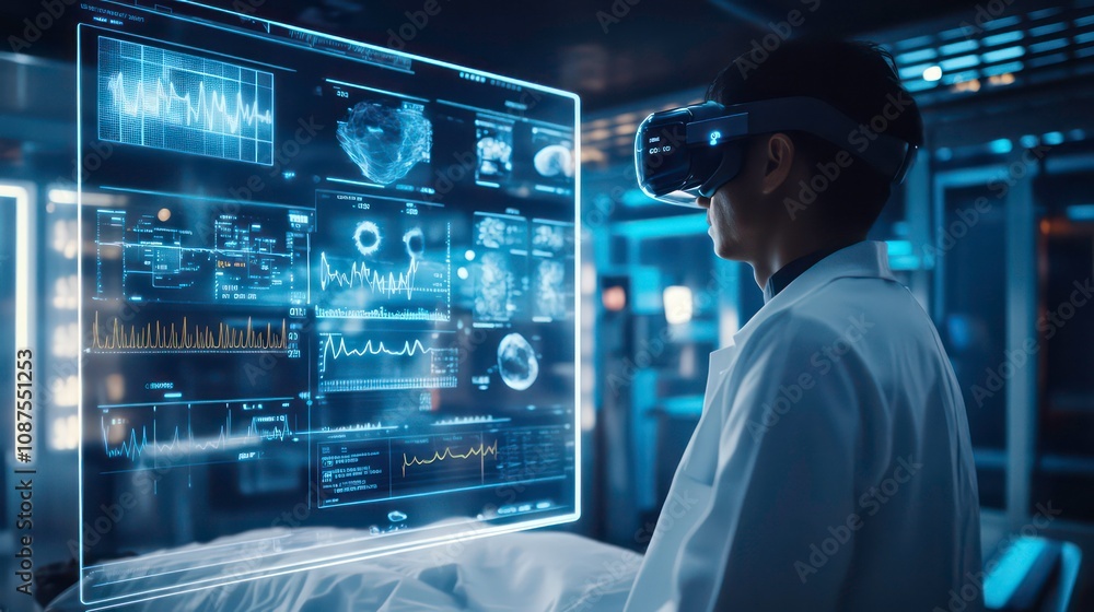 Poster a scientist wearing vr goggles examines data on a futuristic transparent screen in a laboratory.