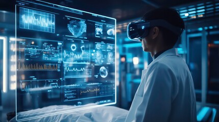 A scientist wearing VR goggles examines data on a futuristic transparent screen in a laboratory.