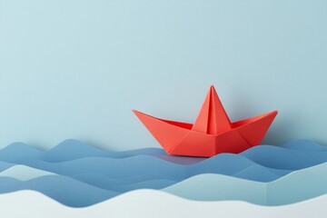 Origami Boat on Blue Waves: Minimalist Paper Art Capturing Tranquility and Creativity in Stock Image