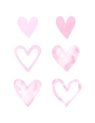 Watercolor set of pink hearts isolated on white background. Pink colored hearts with stains. Watercolor paint texture. Festive design and decoration of St. Valentine's Day. Elements for decor.