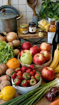 Fresh market produce display in a rustic kitchen with various fruits and vegetables.