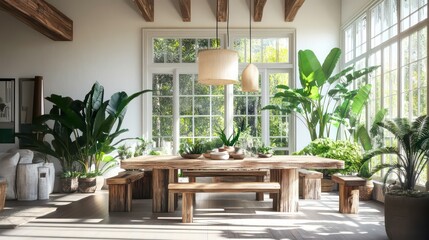 Fototapeta premium A rustic dining room with a wooden table, chairs, and benches, surrounded by large windows and lush greenery.