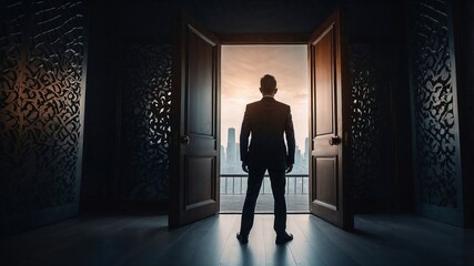 Fototapeta premium Business man in front of doorway Concept of opportunity in business.