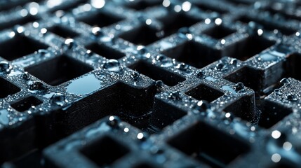 Close-up of a tire with water droplets on waffle-patterned blocks. 