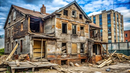 A crumbling, weathered wooden house, stripped down to its skeleton, stands as a stark reminder of time's relentless erosion, a testament to the fragility of structures against the passage of years.