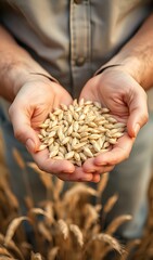 Farmer's Hands Holding Barley Harvest in Golden Wheat Field. AI Generated