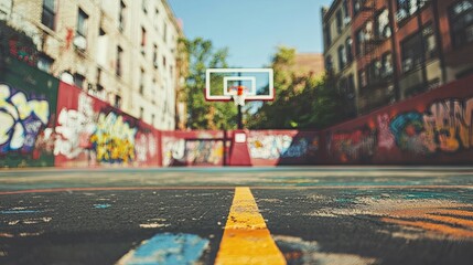 Urban basketball court with colorful graffiti walls, vibrant court lines, and an empty hoop in focus.