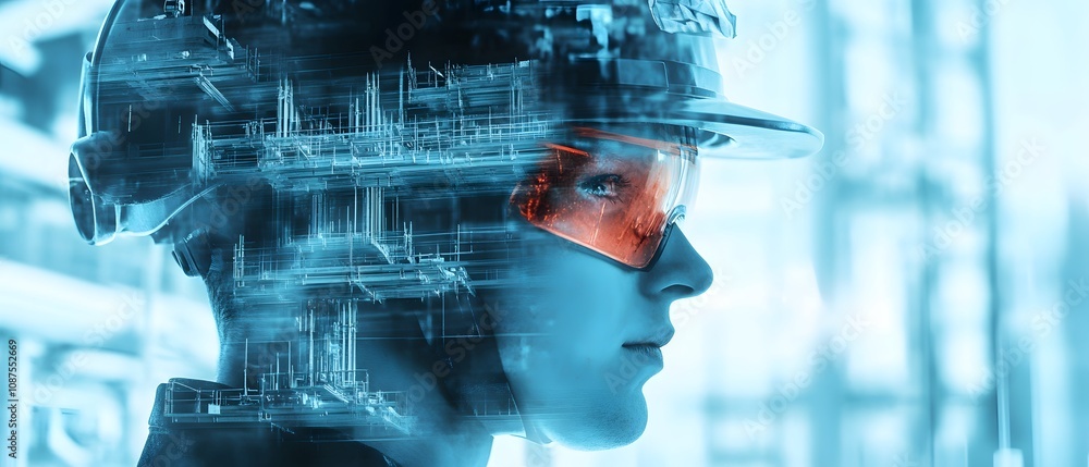 Aufkleber futuristic engineer with augmented reality glasses in a high-tech environment showcasing advanced te