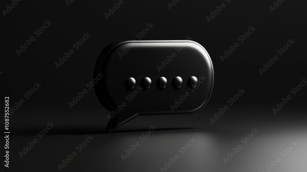 Poster a black 3d chat bubble icon with five dots on a dark background.