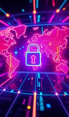 Global Cybersecurity: Neon 3D Render of a Digital World Lock. AI Generated