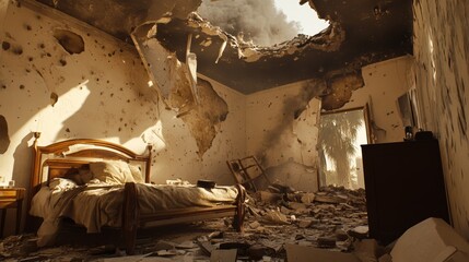 A bedroom destroyed by a bomb, with a hole in the ceiling and debris scattered on the floor.  The room is filled with smoke and dust, and the sunlight shines in through the hole.