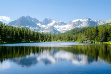 A serene alpine lake reflects the snow-capped peaks of a majestic mountain range under a clear blue sky. Lush green forests line the shores, creating a picturesque landscape.