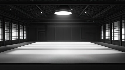 Obraz premium Wan Dab field set up for martial arts practice, the arena empty and quiet, with crisp lines on smooth mats under soft lighting.
