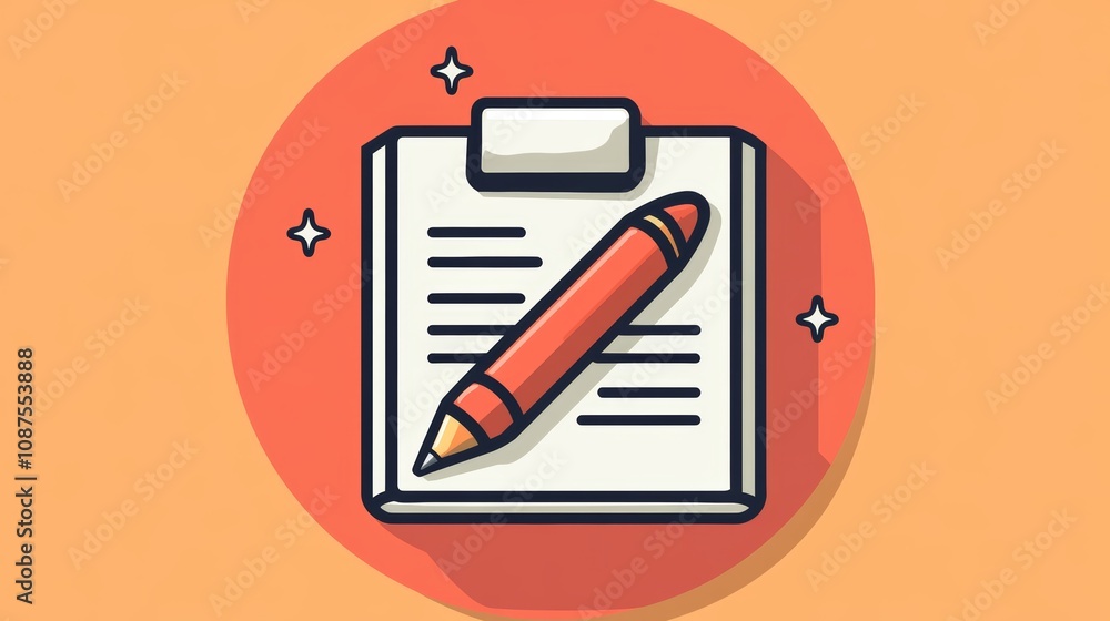 Poster a clipboard with a pencil resting on top of a lined notepad, in a flat design style with a red circl