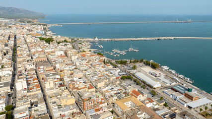 Aerial view of the port and historic center of Manfredonia, located in the province of Foggia, in...