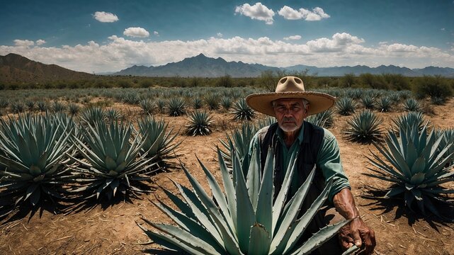Hispanic man in a rural setting with agave fields for artisanal mezcal production.